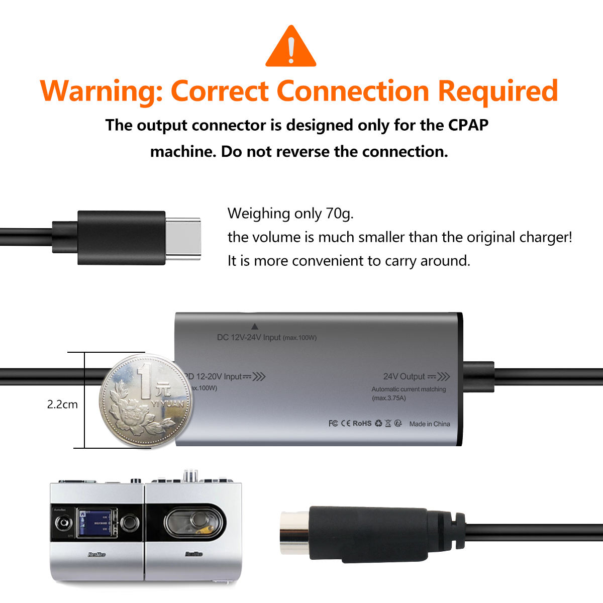 Type-C to ResMed S9 Power Cable